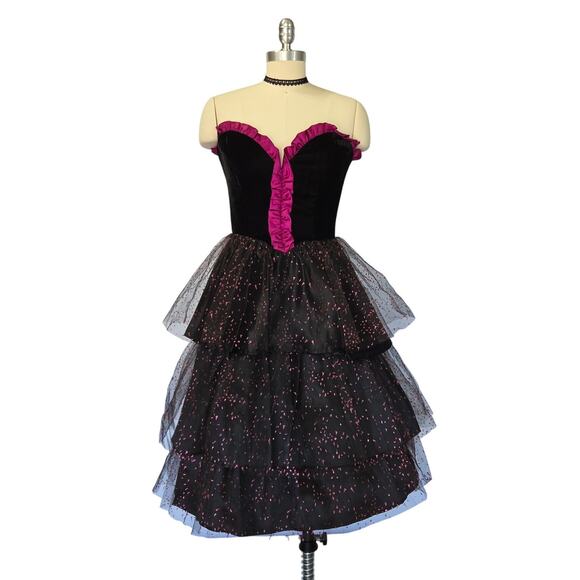 Gunne Sax Vintage 80s Velvet Ruffle Midi Prom Dress Size S Black Purple Sparkle - Picture 2 of 8